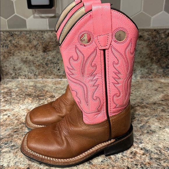 Old West Girls 10 Brown & Pink Leather Cowgirl Boots Square Toe Western - Picture 2 of 10